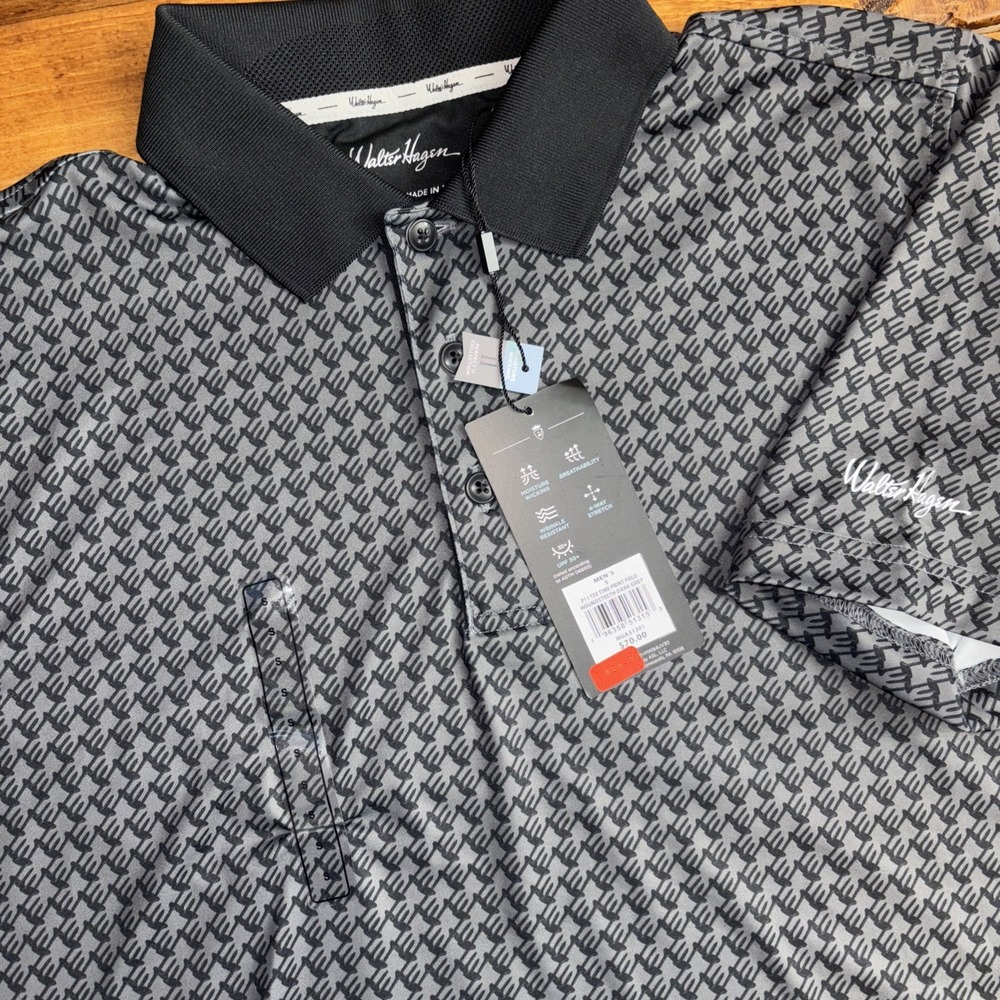 Walter Hagen Polo Shirt Mens Small Dark Grey Houndstooth P11 Tee Time MGA31301